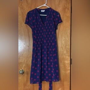 Elegant Navy and Pink Polka Dot Midi Dress